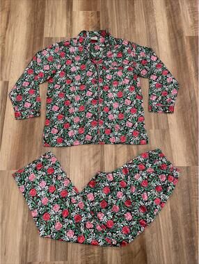 Vintage Mary Engelbreit Satin Pajama Set Rose Pattern Multicolor Women Size S